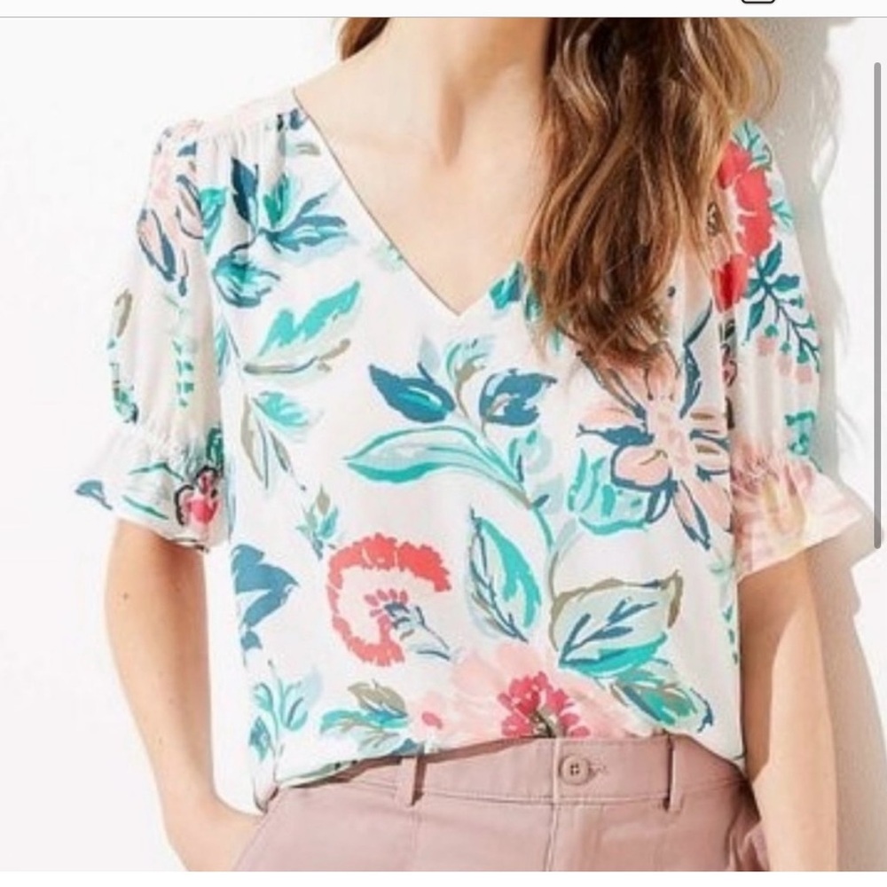 Loft Floral V-Neck Blouse - Multicolor (XL)